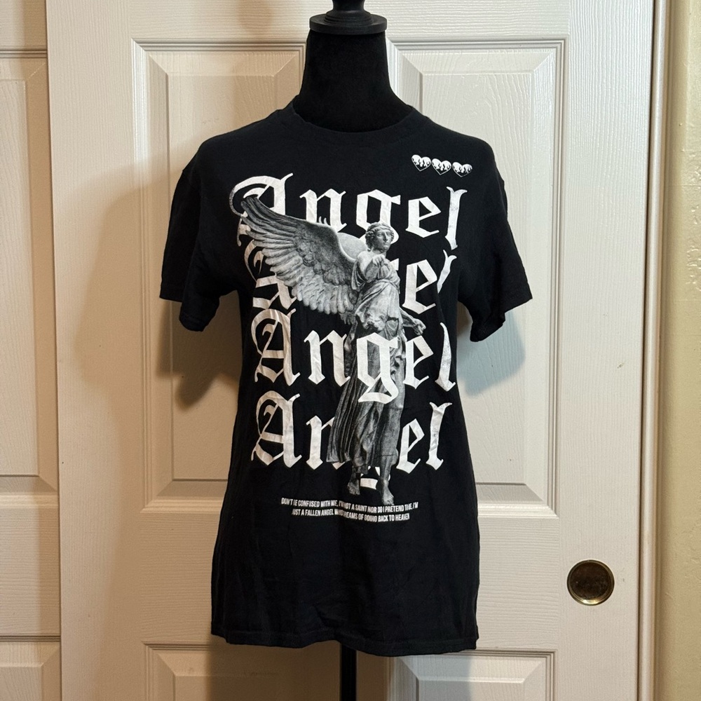 Black Gothic Graphic Tee with Angel Design
